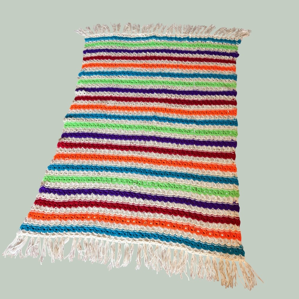 Vintage Handmade Crochet Rainbow Stripe Broomstick Lace Afghan Throw Blanket